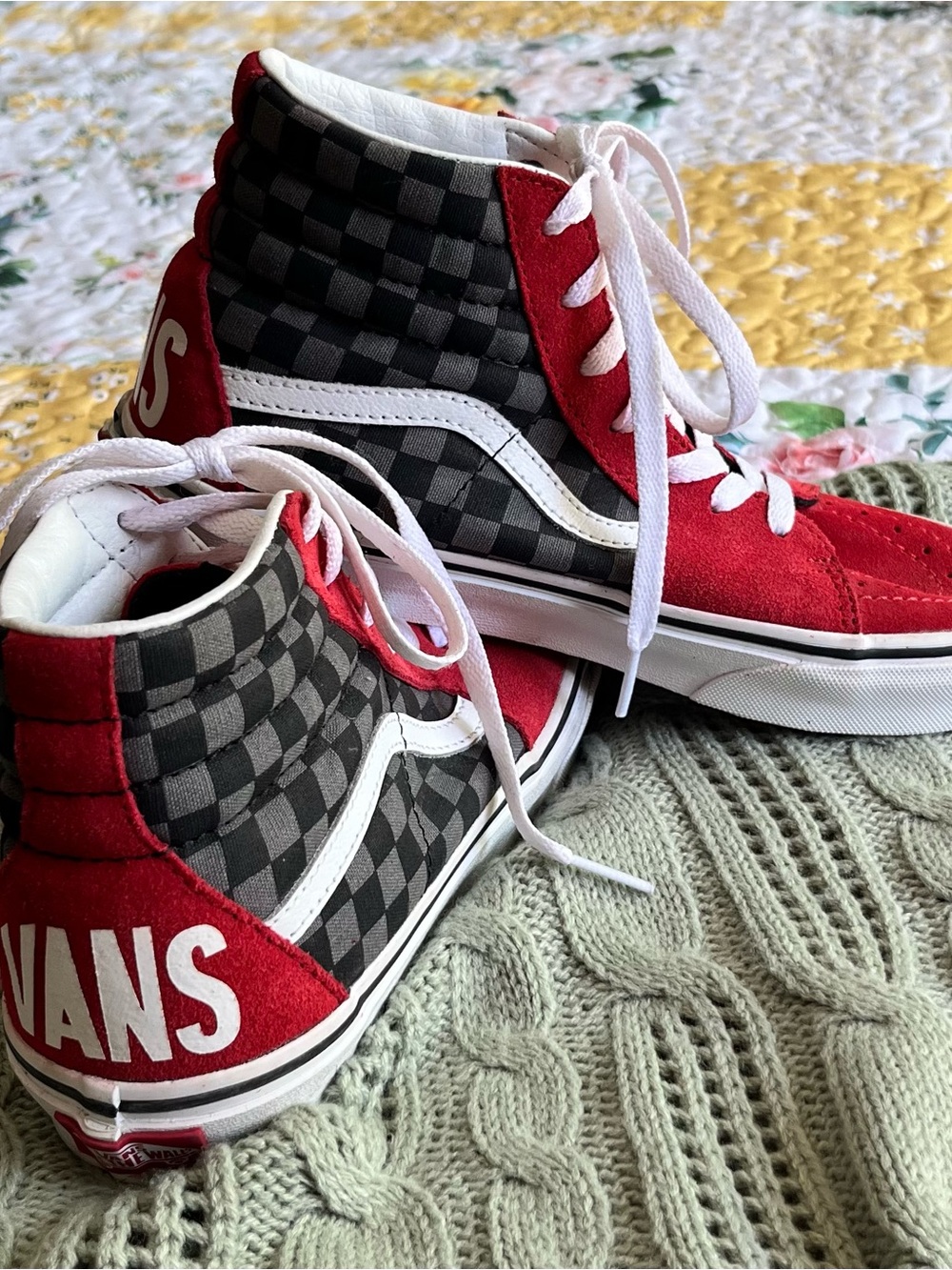 LIKE NEW Vans Red Suede & Black Gray Checkerboard High-Top Sneakers